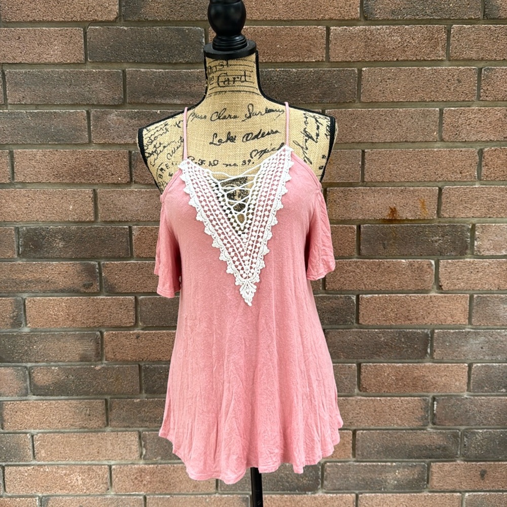 Say anything Pink Cold Shoulder Top with Lace Detail Size Medium